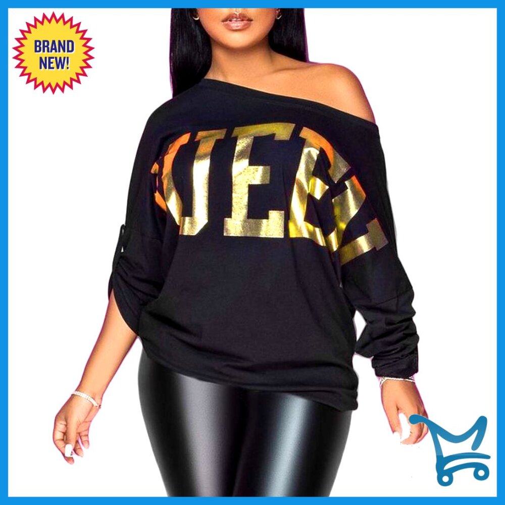 Metallic Shiny Off Shoulder T-Shirt Y2k Retro Sexy Party Top Long Sleeve